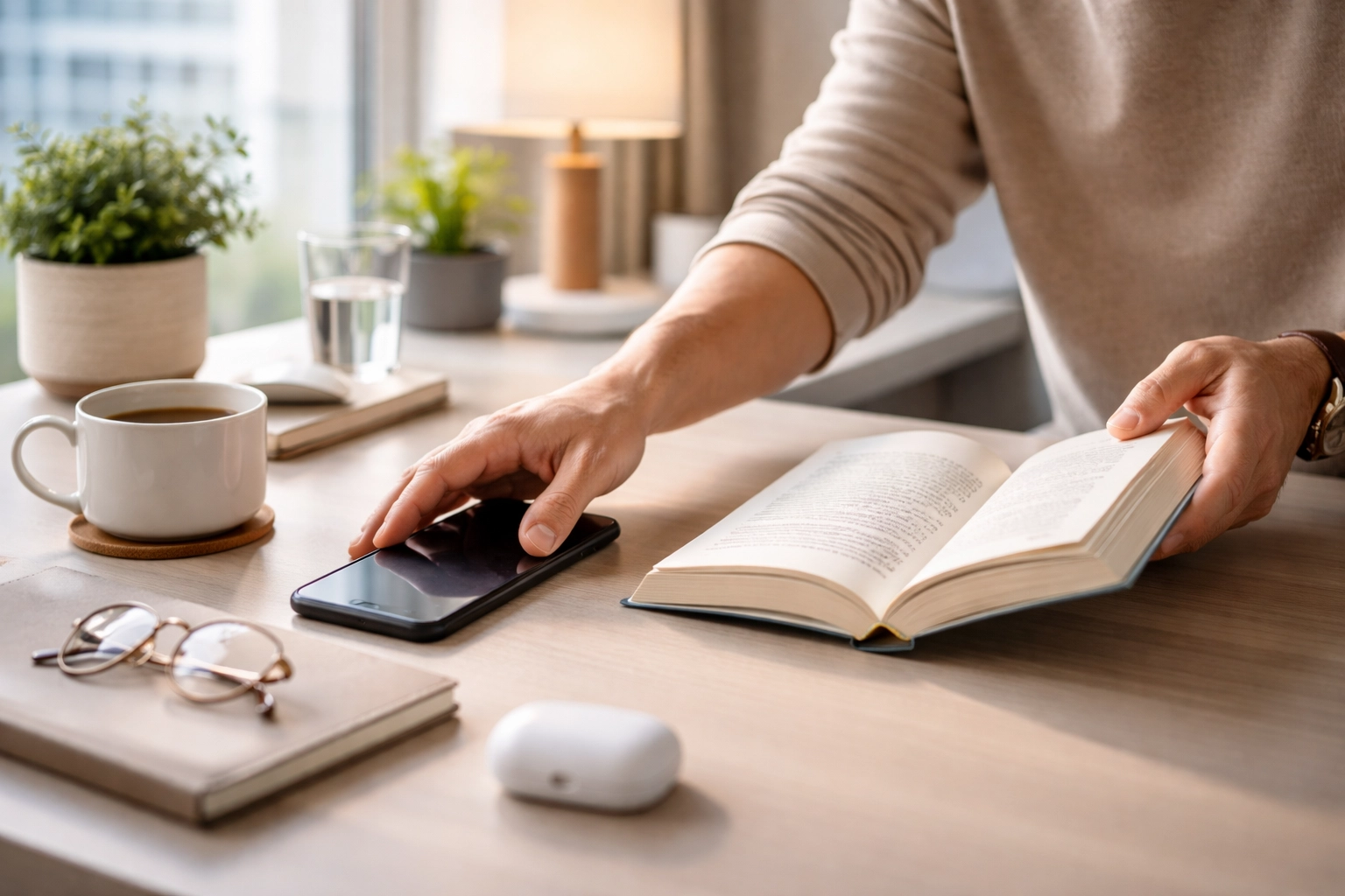 Person legt Smartphone zur Seite und greift zu einem Buch – Symbol für den Going Analog Trend